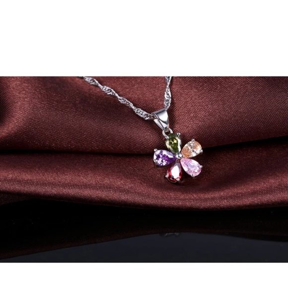 Cute Flower Multi Color 925 Sterling Silver Pendant Earrings And Necklace Set - Picture 6 of 9